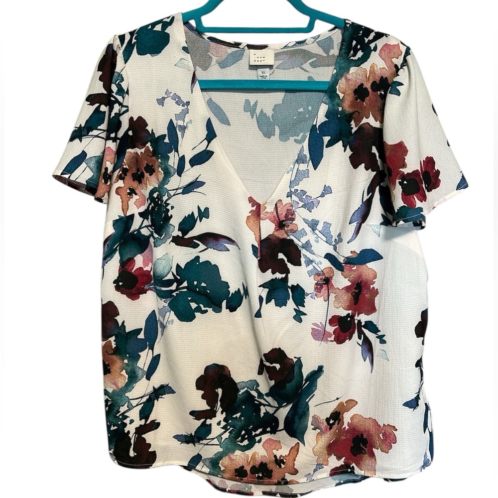 A New Day Watercolor style floral print top v-neck flutter sleeves